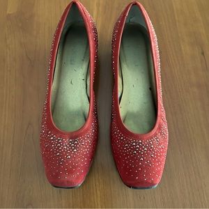 VANELI RED SUEDE FLATS WITH BEADED EMBELLISHMENTS